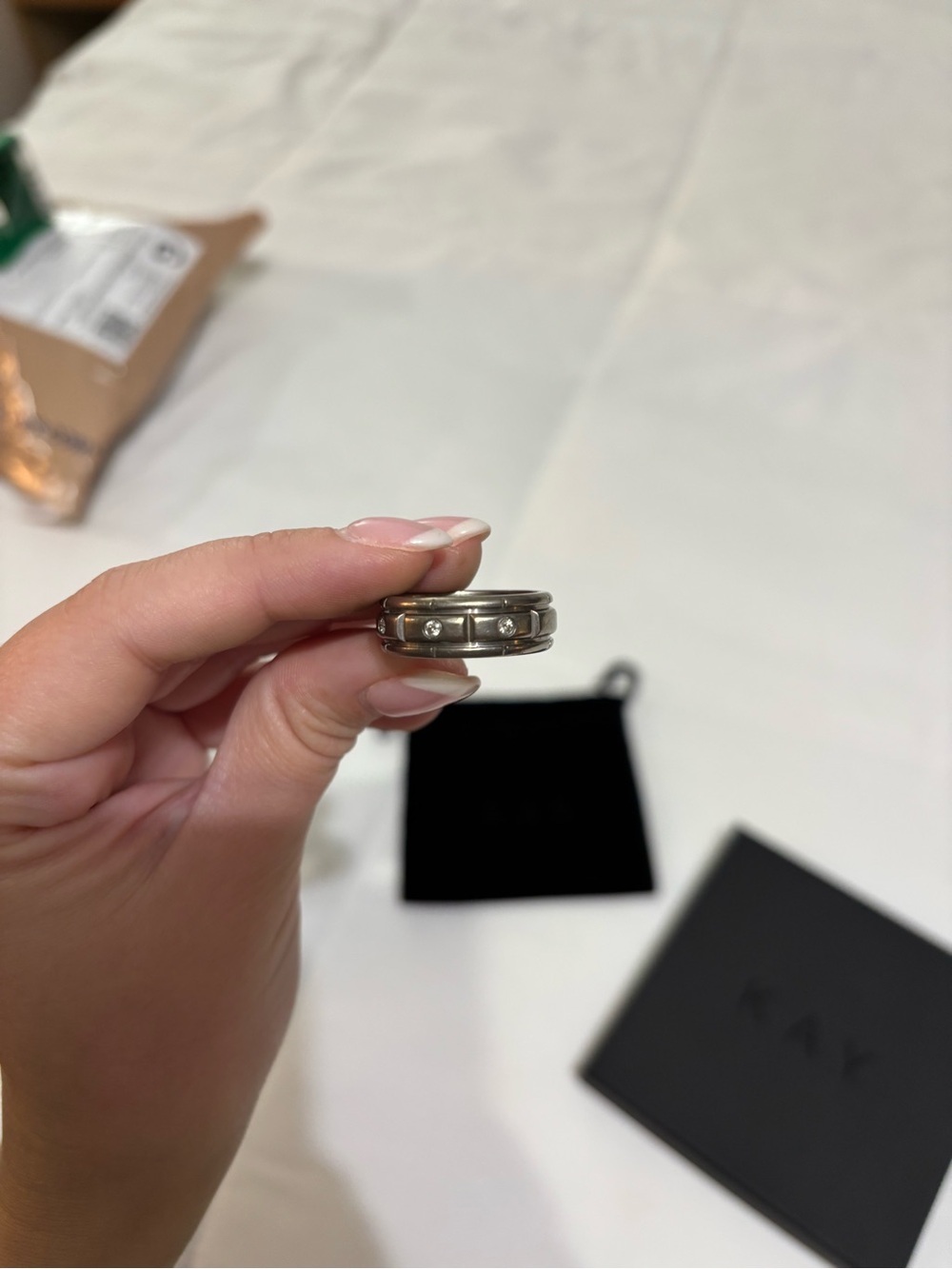 Real Diamond Titanium Band Ring with Accent Stones - Silver